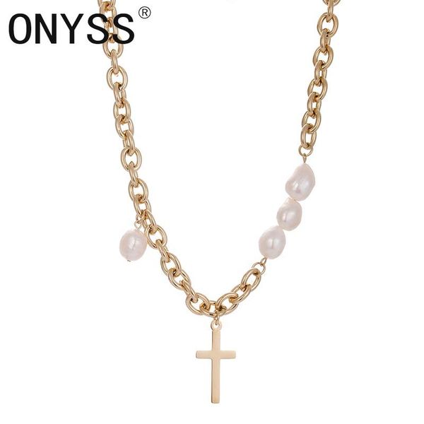 

pendant necklaces fashion hiphop 14k gold plate freshwater pearl cross necklace, Silver