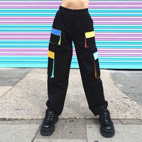 

colorful patchwork multi pockets loose casual cargo pants 2021 women streetwear high waist sweatpants black trousers women's & capris, Black;white