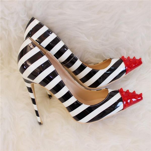 

dress shoes prowow 2021 fashion women's striped patent leather red rivets, Black