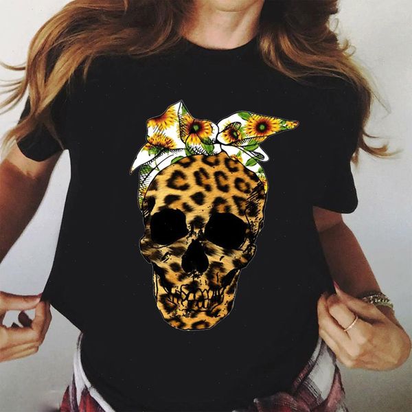 Wvice moda leopardo crânio impressão tops mulheres t-shirt verão plus tamanho preto feminino redondo pescoço harajuku top roupas h1