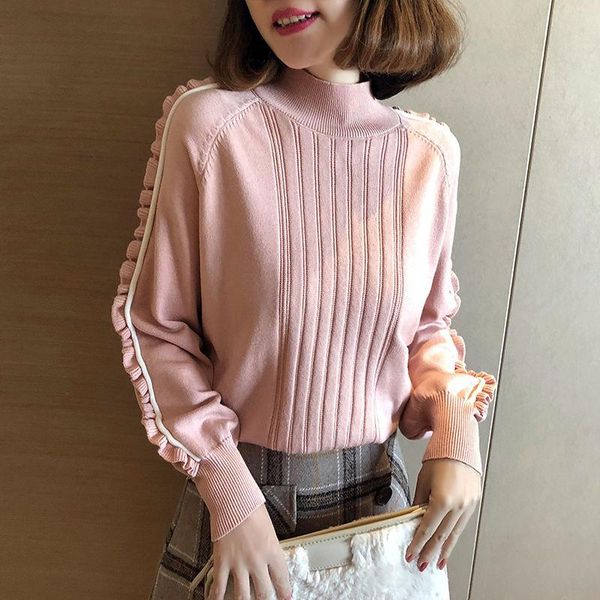

womens pullovers sweater casual women ruffles knitted 2021 winter office lady female knitwear women's sweaters, White;black