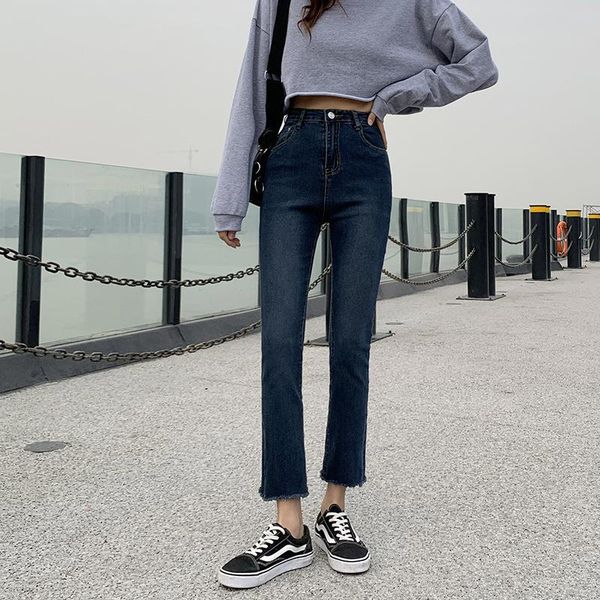 

women's jeans spring and autumn high waist cover belly thinning multi-pocket zipper straight loose micro-flared denim cropped pants, Blue