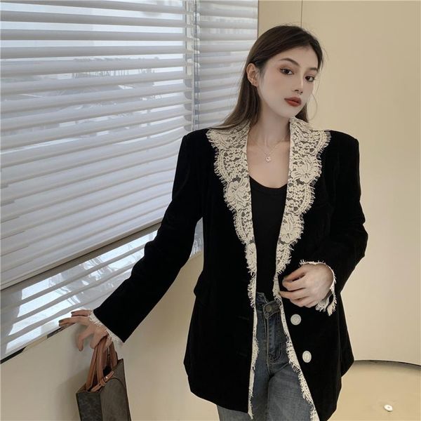 

women's suits & blazers 2021 fall/winter single-breasted suit collar lace stitching velvet loose jacket fashionable clothing, White;black