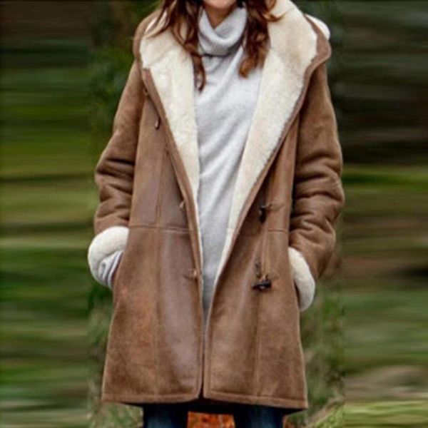

women's jackets cow horn buckle pockets coat winter/autumn 2021 solid color fleece lined hooded winter overcoat outerwear, Black;brown