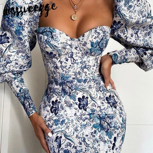 

lessverge floral print vintage blue bodycon puff sleeve mini autumn winter streetwear women evening elegant dresses vestidos, Black;gray