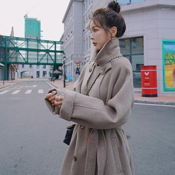 

women's wool & blends 2021 elegant winter woolen coat women double breasted outwear ladies long cloak jacket with belt, Black