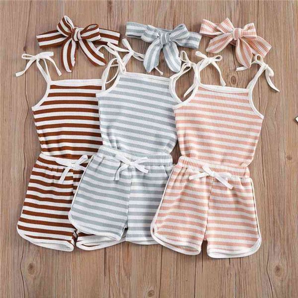 

0 4years kids girls summer casual clothes striped sleeveless t shirts shorts headband ribbed knitted cotton outfits, White