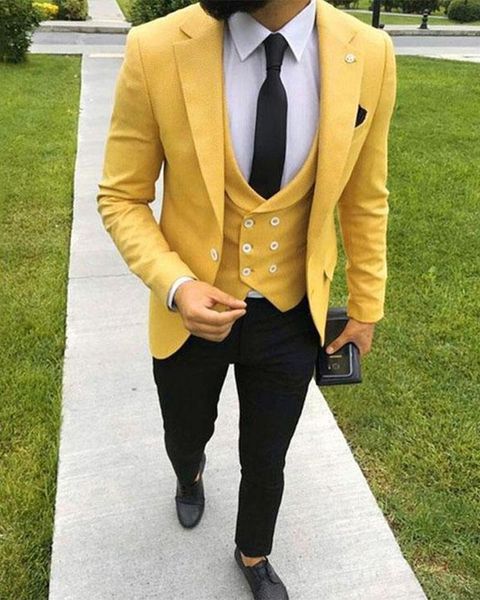 

men's suits & blazers 3pc yellow jacket vest black pants for wedding custom made tailored party wear male sets blazer trousers, White;black