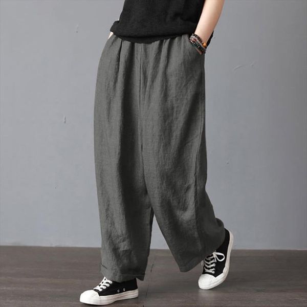 

plus size cotton linen women capri wide leg loose casual fashion trousers leisure holiday beach cargo, Black;white