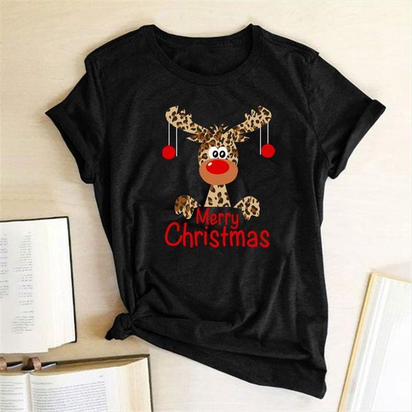 

cute leopard reindeer deer fashion women t shirt merry christmas print harajuku short sleeve woman clothing, White