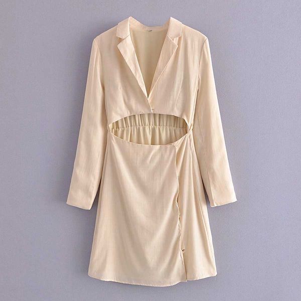 

summer notched dress women front hollow out detail long sleeves chic lady elegant short dress woman 210709, Black;gray