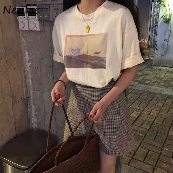 

print cotton t shirts women korean ins o neck short sleeve female summer loose casual ladies tees 1f099 210430, White