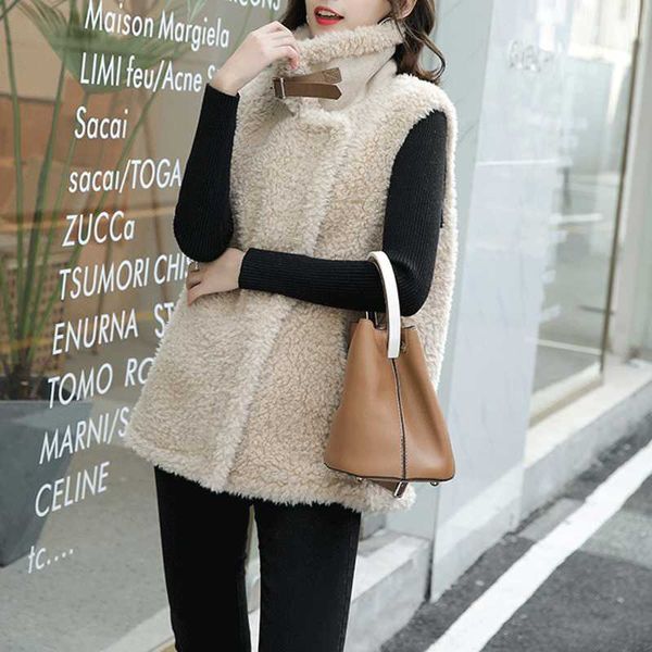 

women's fur & faux 2021 winter autumn thick lmitation lamb wool vest jackets women solid warm loose zip pockets outwear coat gilet femm, Black
