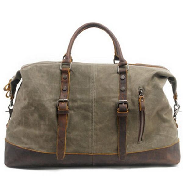 

duffel bags vintage canvas leather men's travel bag carry-on large-capacity handbag green