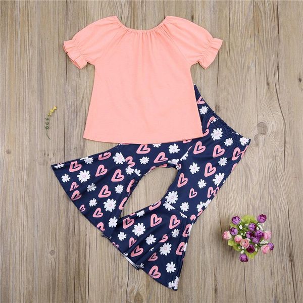 

baby girl clothes set kids undefined outfits casual short sleeve solid color shirt heart printed flare long pants ropa clothing sets, White