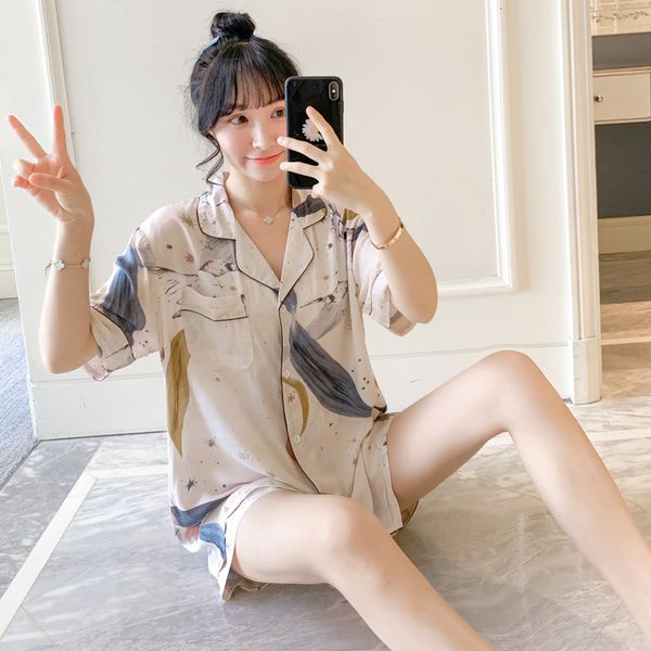 

sleepwear summer printed sleepwear pajama comfortable viscose women shirts and shorts lapel collar short sleeve female pyjama 6ege tzpd, Black;red