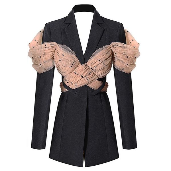 

[eam] loose polka dot pattern mesh spliced jacket long sleeve women coat fashion spring autumn 2021 1dd3756 notched collar women's suit, White;black