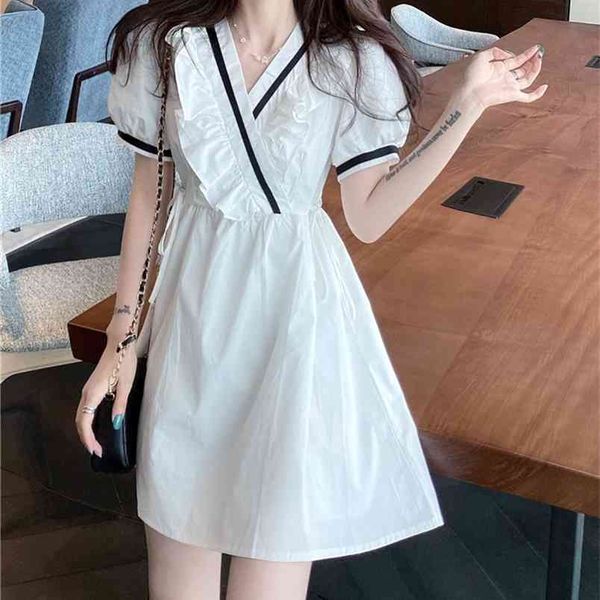 Summer Women White A-Line Dress Sweet Ruffles Patchwork Femminile Elegante Puff Manica corta Casual Mini 210519