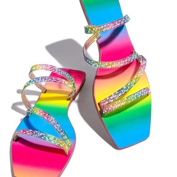 

fashion -selling women's flat-bottomed crystal slippers colorful and gorgeous square head outdoor beach casual flip flops, Black