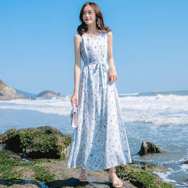 

summer arrival bohemian o collar flower printed sleeveless chiffon long dress plus size 210531, Black;gray