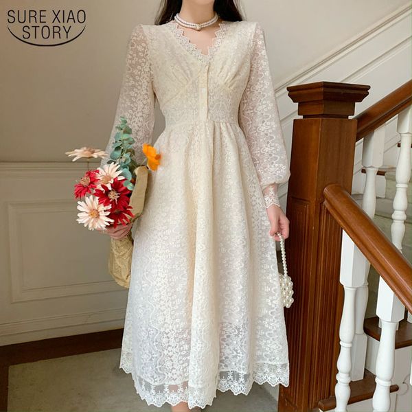 

vintage lace dress hollow out apricot a-line midi dresses women autumn temperament v-neck elegant vestidos 12758 210508, Black;gray