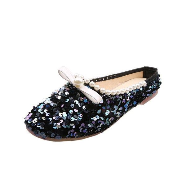 

slippers baotou half women's outer wear 2021 summer sequins fashion flat bottom lazy mules women, Black