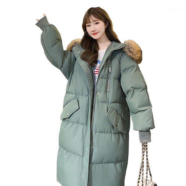 

women's down & parkas 2021 winter loose cotton padded jacket solid zipper long sleeve warm above knee straight hooded fur collar female, Black