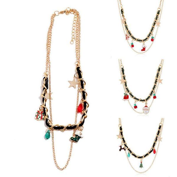 

chains womens christmas choker multi-layer necklace tree hat pendant snowman cane pendants for parties, Silver