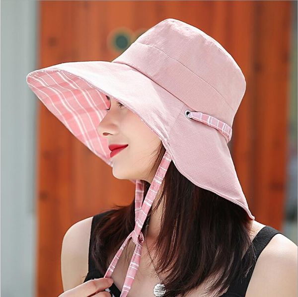 

female spring and summer tide along the sunshade fisherman hat dmcm091 face-covering sun double-sided plaid beach hat caps wide brim hats, Blue;gray