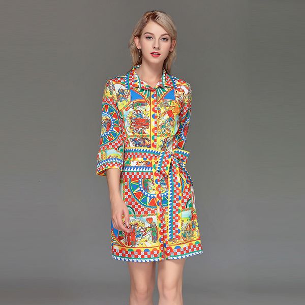 

casual dresses feminine three-quarters strap strapped 2021 spring summer fashion runway print shirt ed d787, Black;gray