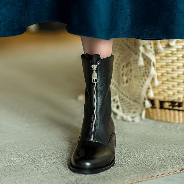 

boots genuine cow leather women thick bottom 2021 autumn british style zipper single ankle, Black