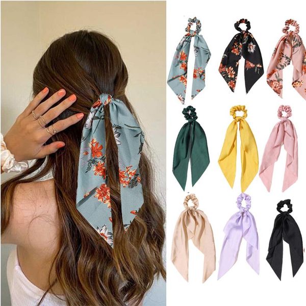 

hair accessories fashion floral print scrunchies solid ribbon bow rope for women long ponytail scarf hairbands