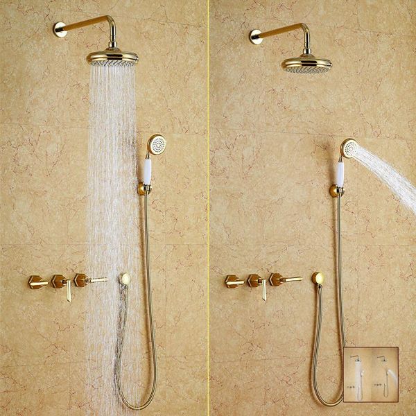 

wall mounted gold pvd finish waterfall rainfall shower and bath tub faucet mixer tap bathroom sets