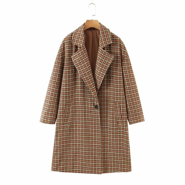 

women's wool & blends dylqfs women autumn office lady plaid long sleeve coat female vintage streetwear single button casual fashion loo, Black