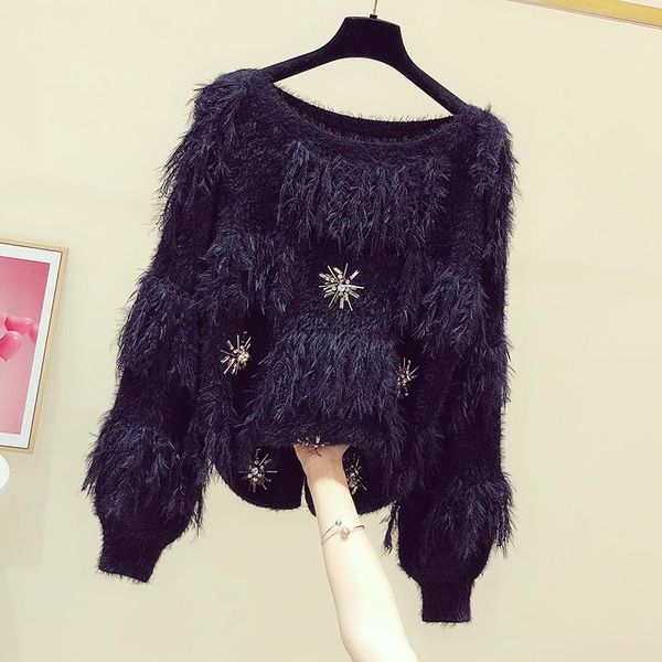 

women's sweaters 2021 autumn/winter korean fashion diamond-studded tassel round collar long sleeve pullover casual sweater top, White;black