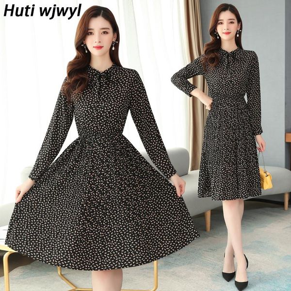 

casual dresses autumn winter vintage floral chiffon midi dress 2021 plus size boho black beach women party long sleeve vestidos, Black;gray