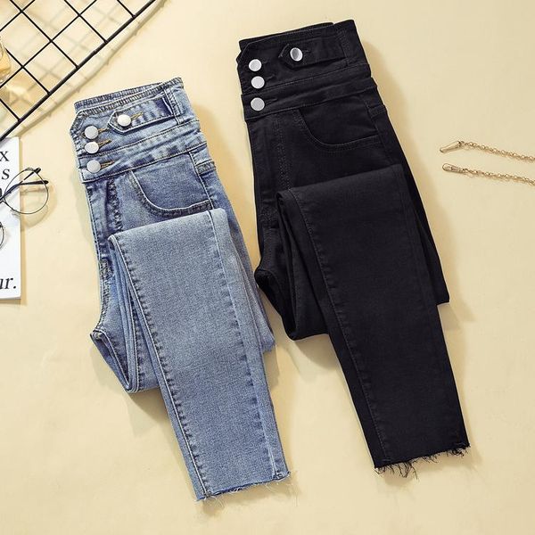 

women's jeans black solid skinny woman 2021 spring summer high waist elastic female korean fashion casual denim pencil pants, Blue