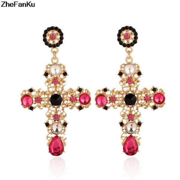 

baroque bohemian large long earrings vintage boho crystal cross drop for women jewelry brincos dangle & chandelier, Silver