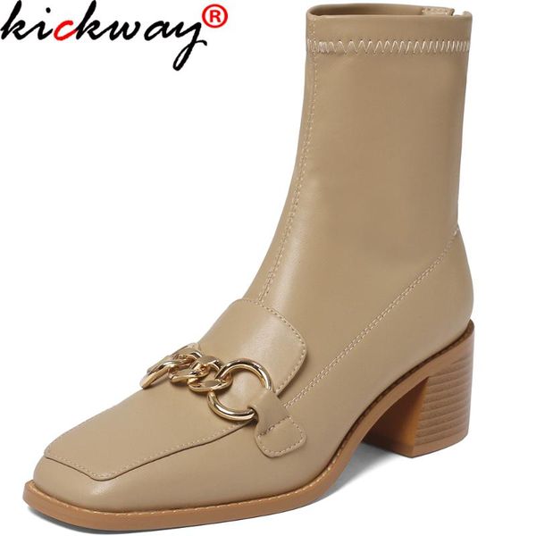 

boots kickway metal chains classic women ankle genuine leather thick heels zip autumn winter working casual concise shoes woman, Black