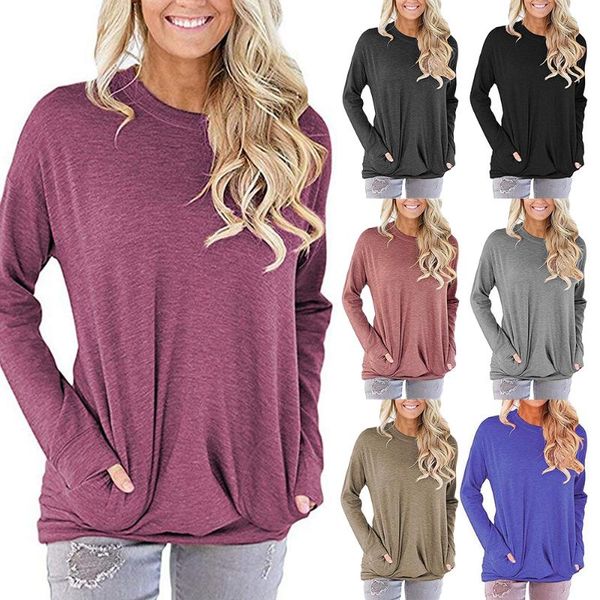 

women's t-shirt female women loose casual shirt tees long sleeve o-neck autumn clothes solid color tee with pockets, White