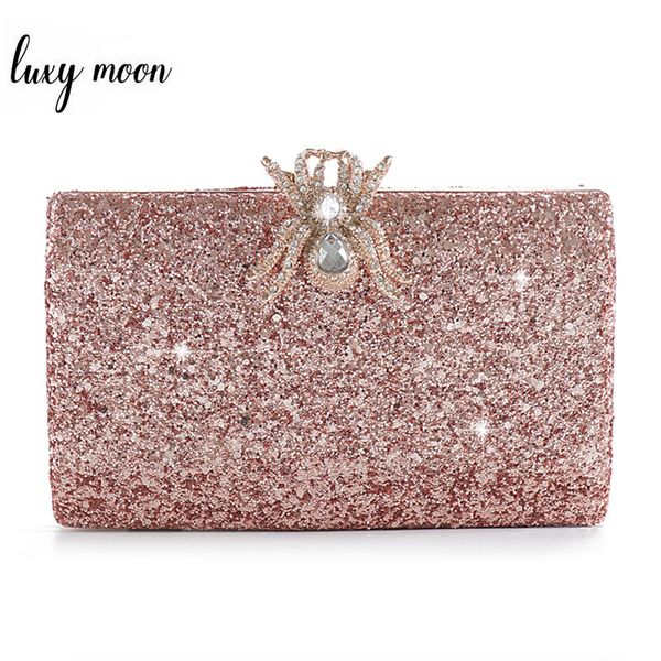 Rosa Geldbörse mit Pailletten, Clutch für Damen, Hochzeit, Party, Perlenkette, Handtasche, einzigartige Diamant-Spinnen-Schloss-Abendtaschen