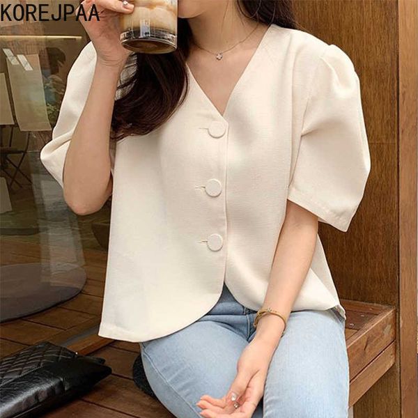 

korejpaa women shirt summer korean chic minimalist temperament v-neck three buttons loose solid color puff sleeve blouses 210526, White