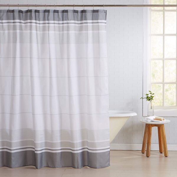 

fabric shower curtain with 12 roller hooks. mold and mildew resistant. elsie collection. 72-inch, mirror stripe - grey