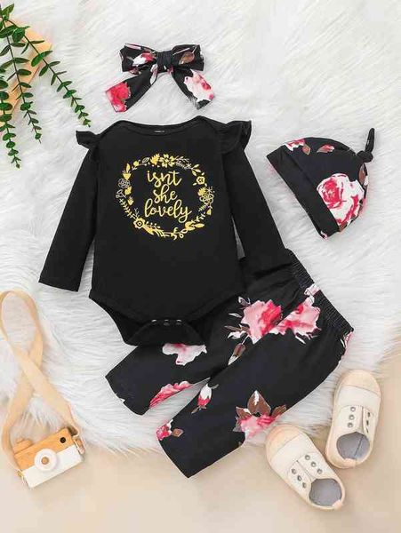 

baby floral and slogan graphic bodysuit & pants & headband & hat she, White