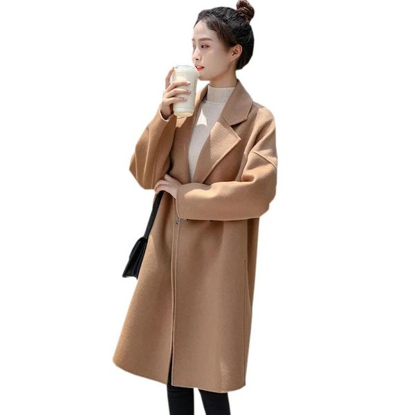 

women's wool & blends simple stylish woolen coat mid-model 2021 autumn winter jacket fashion clothing cool casual, Black