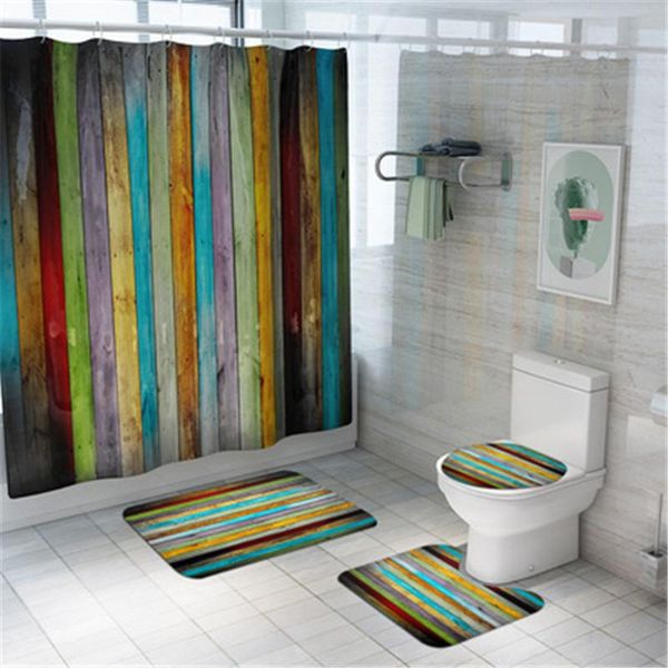 

shower curtains 4pcs/set bathroom mat set anti-slip bath coral fleece wood grain curtain floor washable toilet rug