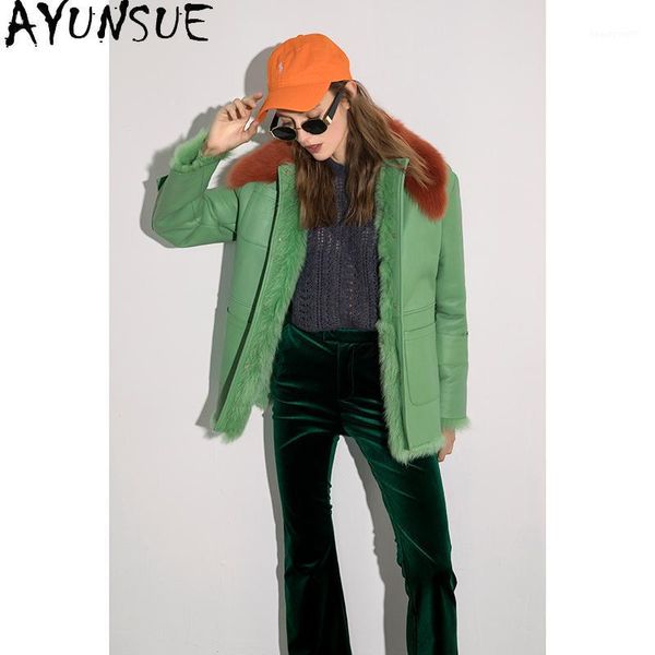 

winter natural fur coat female real leather jacket women clothes 2021 vintage wool lining double-faced jackets 20066 women's & faux, Black