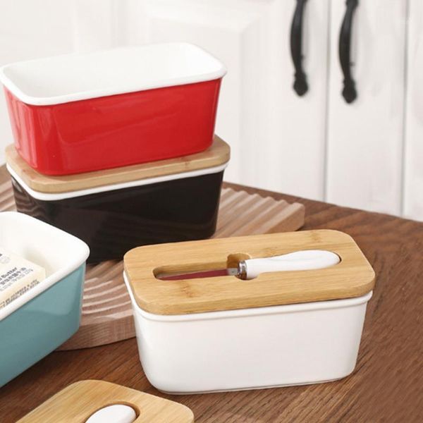 

storage bottles & jars butter sealing box ceramic plate with wood lid and knife cheese tray dish container