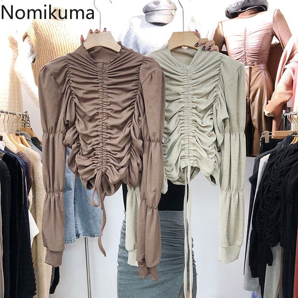 

nomikuma new turtleneck winter basic women t shirt korean drawstring pleated t-shirts solid slim long sleeve tee 6c003 210427, White