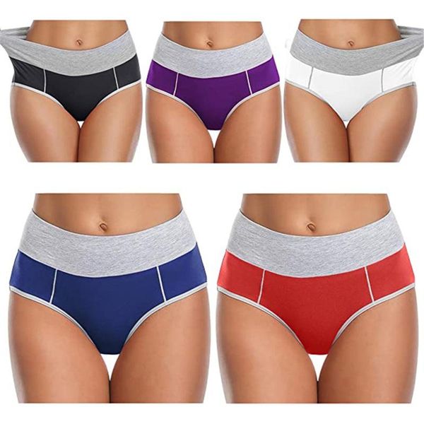 

women's panties 5pcs cotton underwear patchwork solid color briefs leisure large size female breathable underpants, Black;pink